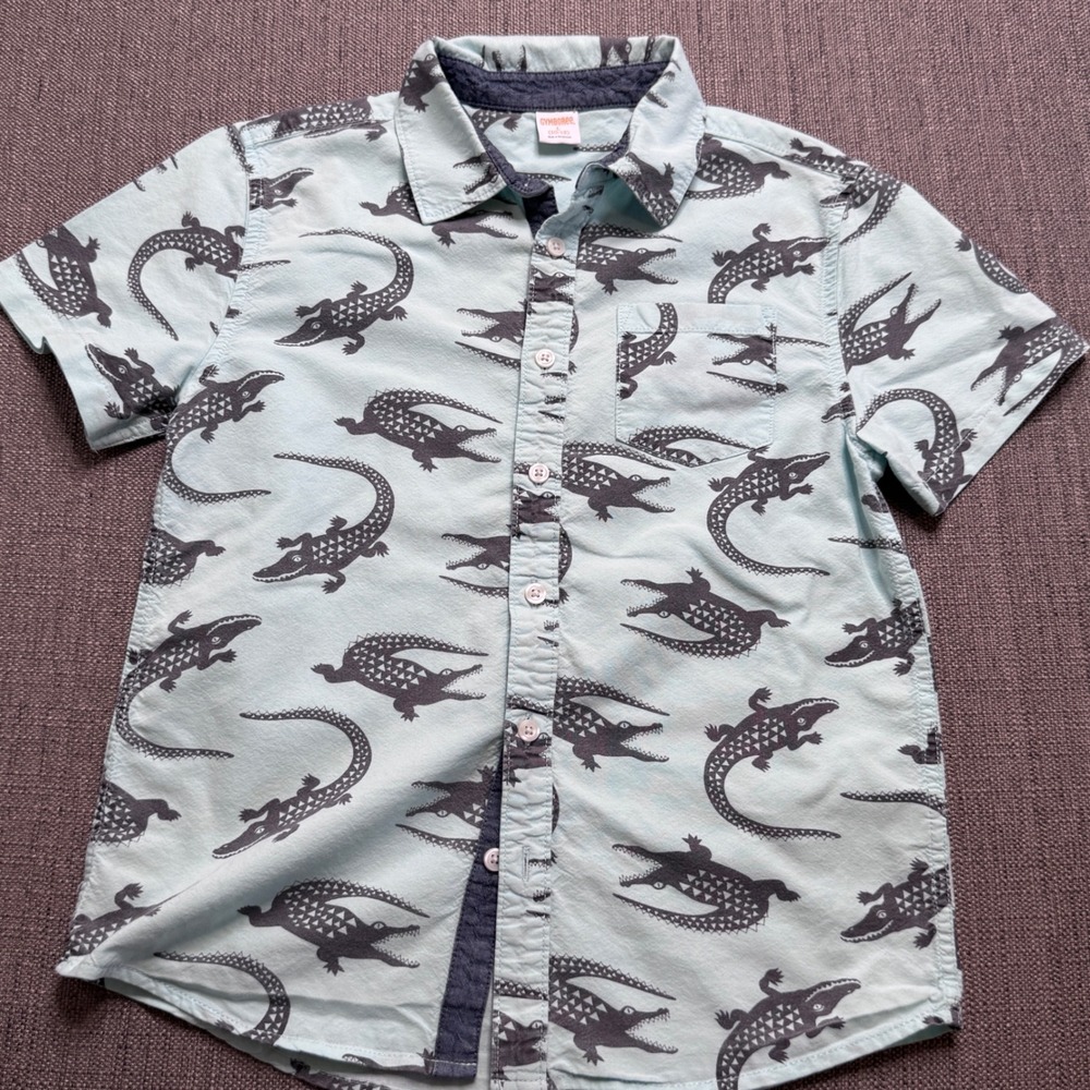 Gymboree Boys Blue Crocodile Print Short Sleeve Button Down Shirt Size L 10-12
